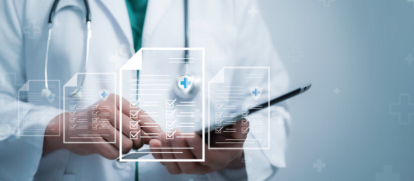 Healthcare professional handling virtual documents with checklists and medical symbols, showcasing modern healthcare and digital innovation in medical documentation