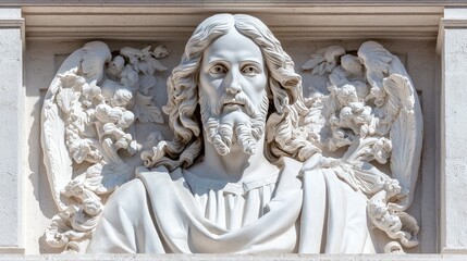 Close-up of a marble bust of Jesus Christ with cherubic wings.