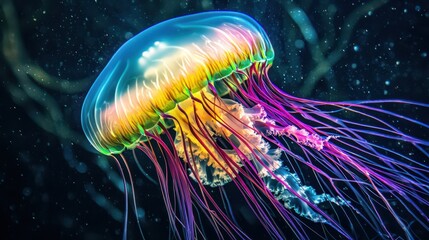 Naklejka premium Glowing purple and yellow jellyfish with long blue tentacles in dark bokeh background