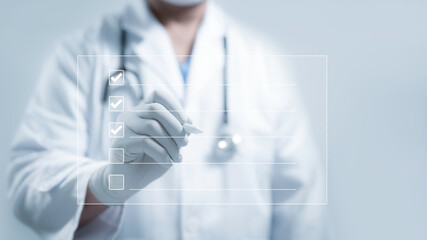 Doctor checking off a glowing checklist, symbolizing quality assurance and precision in healthcare management. Ideal for modern medical processes and innovation
