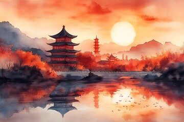 Naklejka premium Pagoda and Lake Painting
