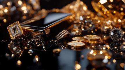 A close-up shot of gold in different forms: a bar, coins, and jewelry pieces, all meticulously arranged on a reflective black surface, photographed in 4K