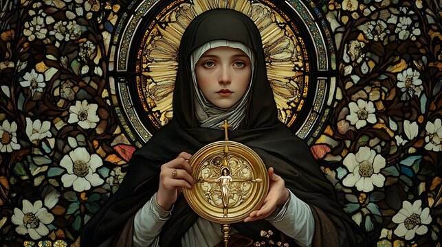 Saint Clare of Assisi depicted in a stunning stained-glass style, holding the golden monstrance with a serene expression, radiant golden and white light illuminating her figure,