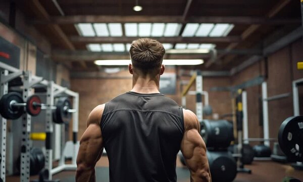 A man goes in for sports in a fitness club. A pumped up guy in the gym doing physical exercises, close-up. Concept: active lifestyle, exercise, weight loss, bodybuilding.