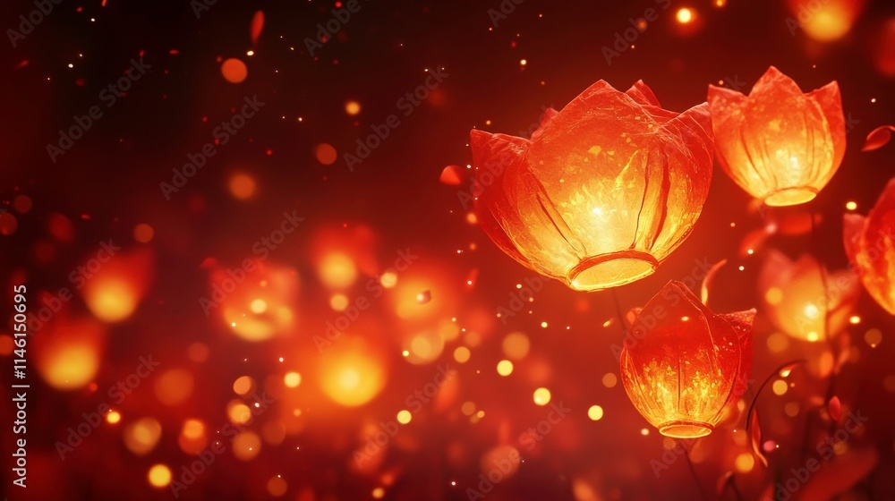 Poster enchanting red lotus flowers glowing in the dark with soft bokeh background and dreamy light effects
