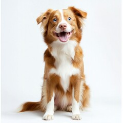 Happy brown and white dog with blue eyes sits against white background