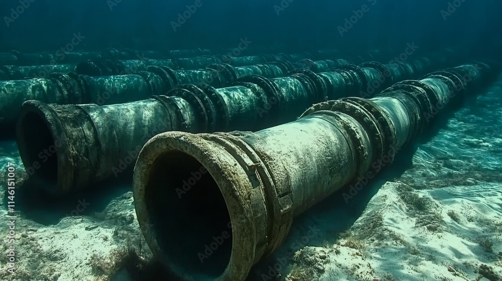 Poster underwater infrastructure parallel pipelines on the ocean floor stretching into the distance