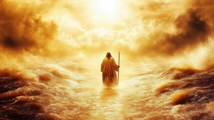 A lone figure standing in glowing golden waters surrounded by dramatic skies and waves