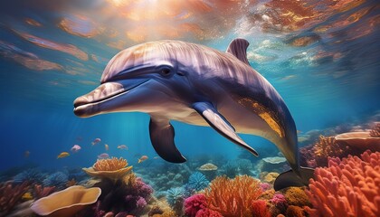 Obraz premium Vibrant Dolphin Swimming in a Colorful Coral Reef Paradise