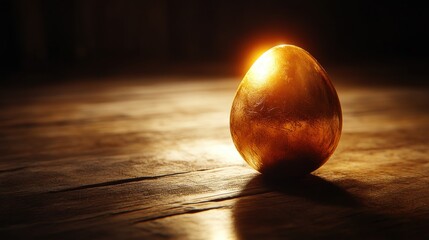 A glowing golden egg on a wooden surface, with warm ambient light casting gentle shadows, photographed in 4K quality