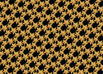 Star seamless pattern. Repeating golden stars isolated on black background. Repeated simple prints for design. Abstract mono crome lattice. Repeat sample. Geometric random texture. Vector illustration