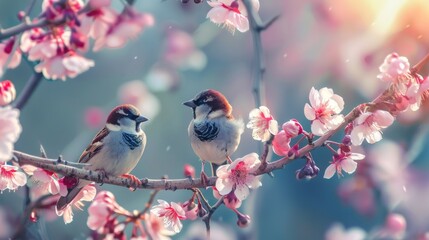 Fototapeta premium A pair of beautiful birds next to pink flowers, AI generated image
