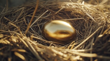 A golden egg placed delicately in a nest of straw, with natural lighting highlighting its smooth surface, shot in 4K detail