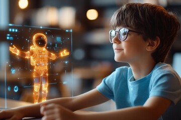Children classroom futuristic learning concept. A boy in glasses watches a holographic astronaut, showcasing technology's potential and imagination in a modern setting.