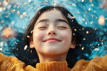 Children classroom futuristic learning concept. A girl with a serene expression floats in water, surrounded by soft petals, evoking a sense of tranquility and joy.