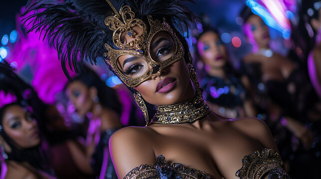ornate gold and black masquerade mask with feathers woman in carnival parade