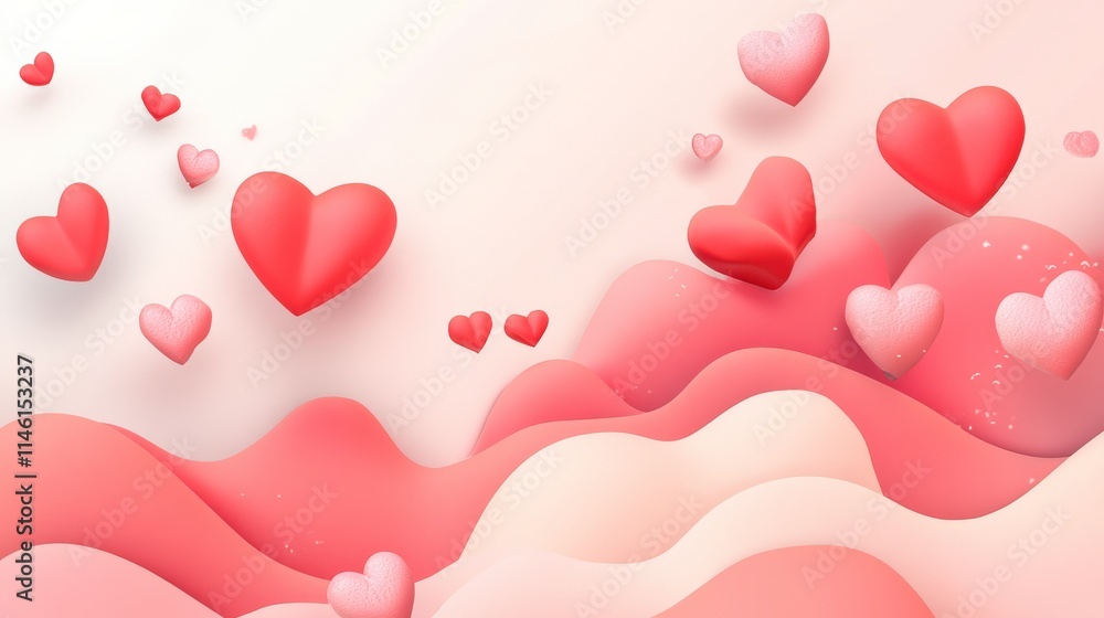 Poster colorful heart shapes floating above soft pink waves with subtle gradient in background, perfect for