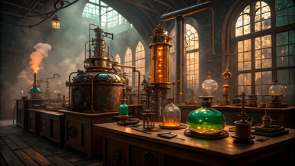 A detailed steampunk alchemy lab filled with intricate brass and copper machinery