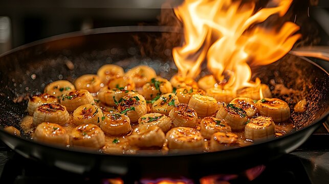 Best-quality 8K professional chef flamb&Atilde;&copy;ing bananas in a skillet for a dramatic Bananas Foster preparation