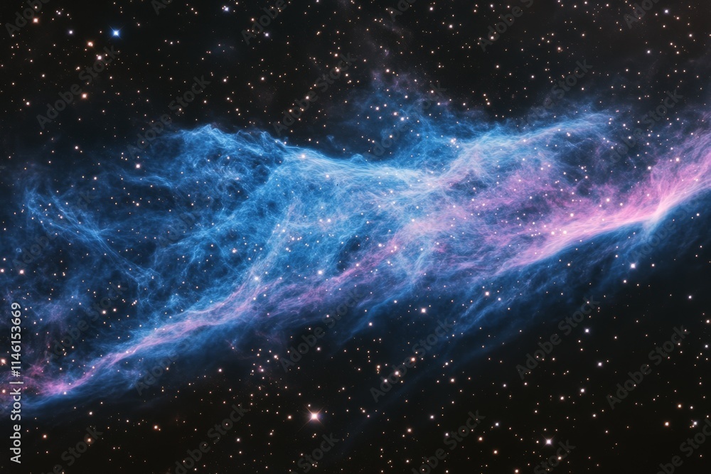 Poster a striking image of a vivid blue and pink nebula stretching across a field of stars, capturing the b