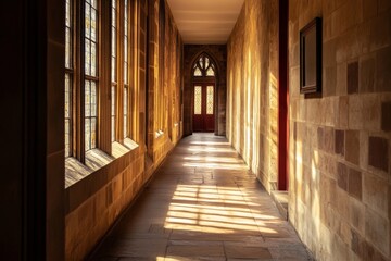 A sunlit corridor in a vintage building, showcasing arched windows and intricate woodwork, blending classical architectural beauty with history and charm.