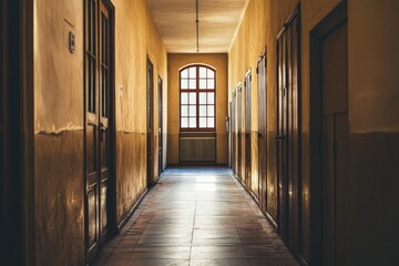 A bright corridor showcasing a polished floor leads to a sunlit window, evoking feelings of optimism, clarity, and the promise of new beginnings amidst its elegance.
