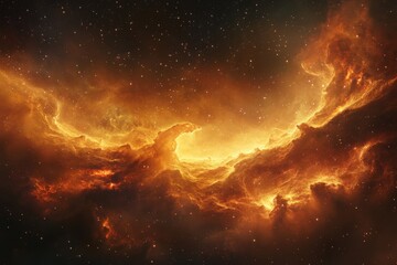 Fototapeta premium A mesmerizing cosmic landscape featuring illuminated fiery cloud masses, reflecting the grandeur and boundless energy of the universe's celestial phenomena.