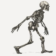 A detailed anatomical illustration of a human skeleton in a walking pose.