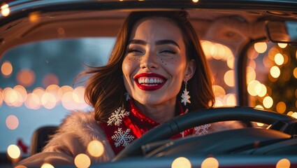 A beautiful young joyful woman driving a car. Christmas mood