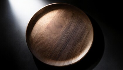 Fototapeta premium round wooden plate under soft spotlight highlighting natural wood texture and grain pattern on a black background 