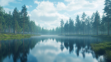 Fototapeta premium Serene Reflection of Trees on Calm Lake in a Peaceful Natural Landscape