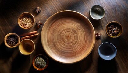 round wooden plate with natural grain texture surrounded by ceramic bowls filled with aromatic spices and herbs on a rustic tabletop  
