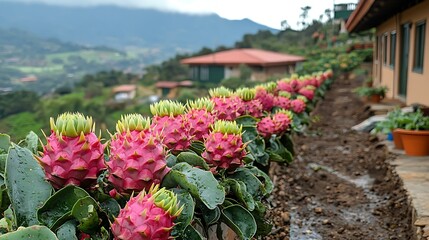 Dragon fruit with vivid pink skin and green spikes on a white background