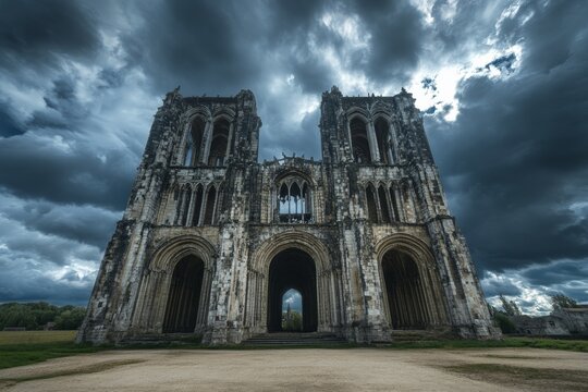 The imposing medieval gothic cathedral ruins stand against a backdrop of dramatic, swirling storm clouds, capturing a sense of ancient mystery and grandeur.