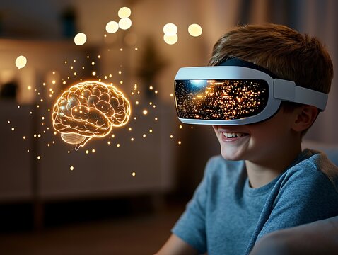 Children classroom futuristic learning concept. A young boy enjoys virtual reality with a glowing brain visualization, exploring the intersection of technology and imagination.
