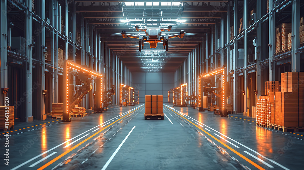 Poster advanced autonomous warehouse with drones and robotic systems