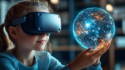 Children classroom futuristic learning concept. A child with a virtual reality headset interacts with a glowing globe, representing technology and imagination in a modern setting.