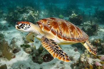 A vibrant sea turtle elegantly glides through a colorful coral reef, showcasing the intricate patterns on its shell amidst the lively underwater ecosystem.