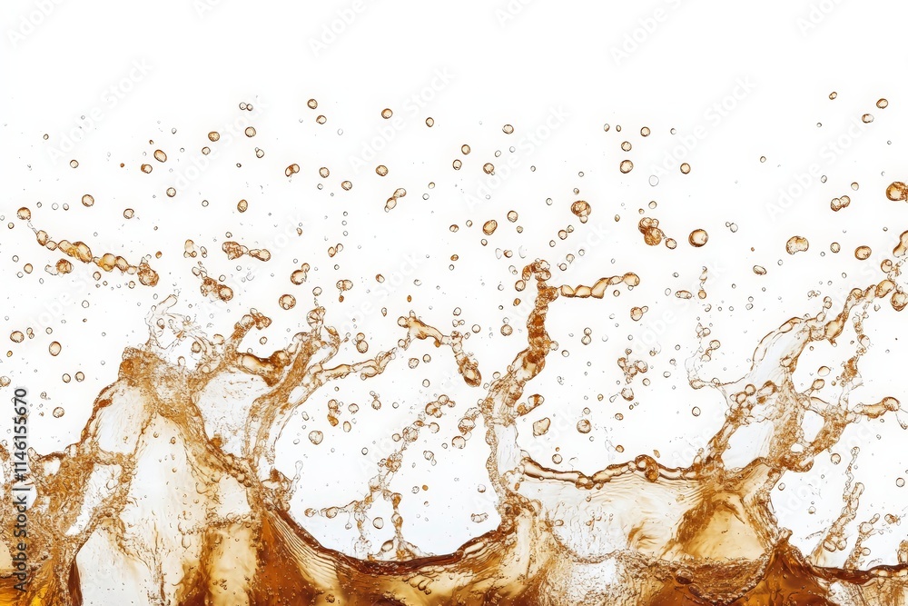 Poster Dynamic image capturing splashes and bubbles of a brown liquid, creating an energetic and abstract visual against a clean white background, perfect for advertising beverages.