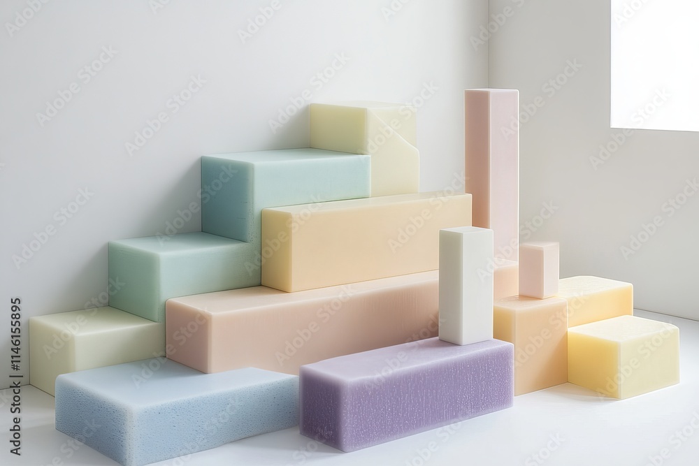 Fototapete a collection of pastel-colored geometric blocks stacked artistically in a corner, softly lit by a wi
