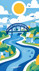 River City Illustration: Bridge, Buildings, Sky
