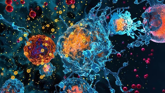 Microscopic visualization of antibody cells interacting with virus cells, representing the immune system's response to infection, suitable for scientific, medical, and educational contexts