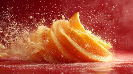 High-definition 8K peeled orange slices with vibrant textures on a deep red background