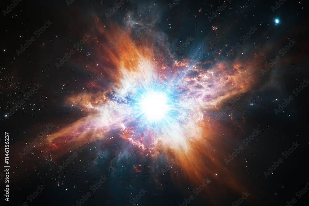 Poster a stunning cosmic event bursts forth with vibrant colors, showcasing a nebula cloud intricately inte