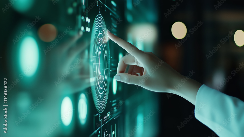 Poster engaging with digital technology through interactive touchscreen interface, highlighting innovation 
