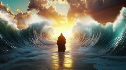 Silhouette of a person walking between enormous ocean waves at sunset