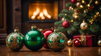 A Merry Christmas card. Decorations balls, dim lights, bokeh.