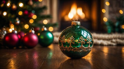A Merry Christmas card. Decorations balls, dim lights, bokeh.
