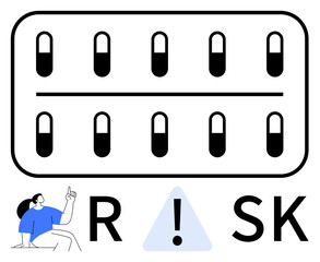 Capsules in a blister pack, with RISK spelled out below, while a person points to a warning triangle. Ideal for healthcare, medication safety, risk management, caution signs, pharmaceutical industry