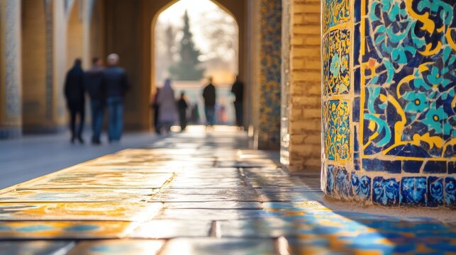 Sunlit Tiles and Blurred Figures in a Historic Uzbek Building